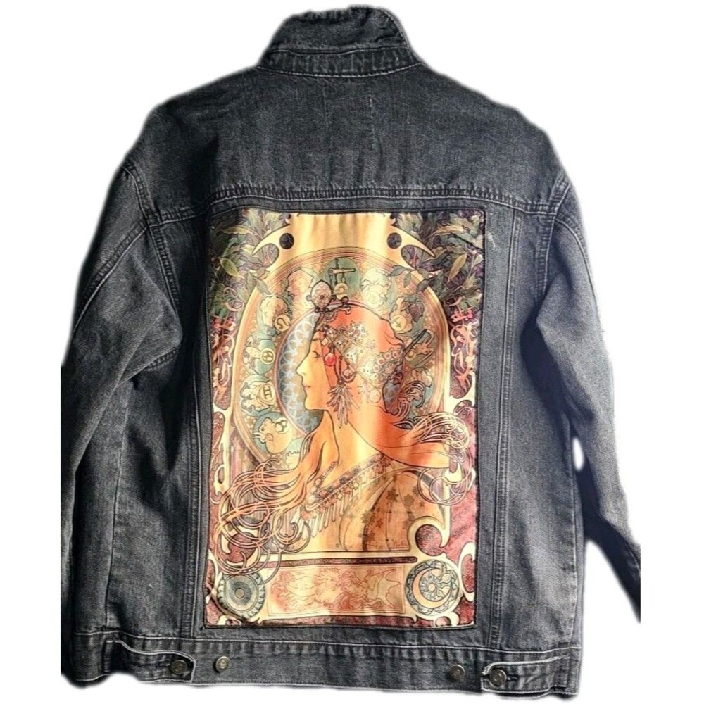 RARE ALPHONSE MUCHA X FOREVER 21 BLACK DISTRESSED DENIM JACKET LIMITED EDITION L